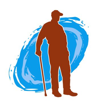 Yürüyen bastonla ayakta duran yaşlı bir adamın silueti..