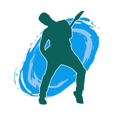 Elektro gitar çalan bir müzisyenin silueti. Bir erkek gitaristin silueti.