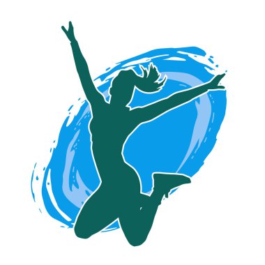 Neşeli bir şekilde atlayan mutlu, zayıf bir kadının silueti.