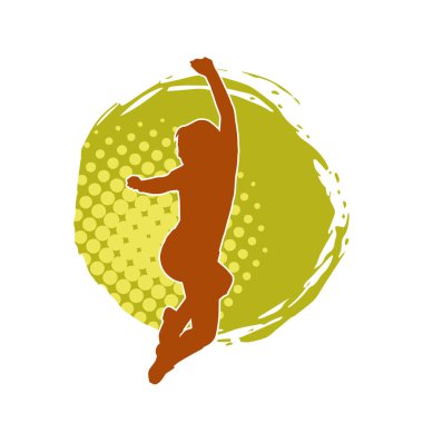 Neşeli bir şekilde atlayan mutlu, zayıf bir kadının silueti.