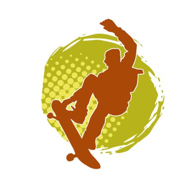 Hareket halindeki bir erkek silueti kaykay üzerinde poz veriyor. Kaykaylı bir şehir çocuğunun silueti..