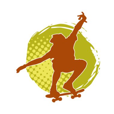 Hareket halindeki bir erkek silueti kaykay üzerinde poz veriyor. Kaykaylı bir şehir çocuğunun silueti..