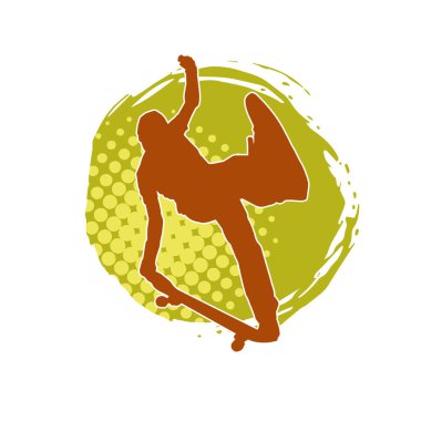 Hareket halindeki bir erkek silueti kaykay üzerinde poz veriyor. Kaykaylı bir şehir çocuğunun silueti..