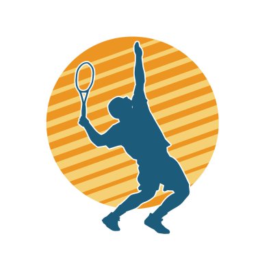 Hareketli bir erkek tenisçinin silueti. Raketle tenis oynayan bir adamın silueti..
