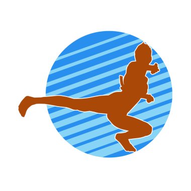 Dövüş sanatları tekmesi atan bir kadının silueti. Sportif bir kadının silueti tekme hareketi yapıyor..