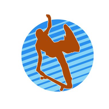 Hareket halindeki bir erkek silueti kaykay üzerinde poz veriyor. Kaykaylı bir şehir çocuğunun silueti..