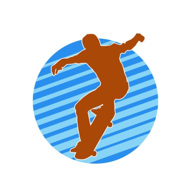 Hareket halindeki bir erkek silueti kaykay üzerinde poz veriyor. Kaykaylı bir şehir çocuğunun silueti..