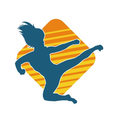 Dövüş sanatları tekmesi atan bir kadının silueti. Sportif bir kadının silueti tekme hareketi yapıyor..