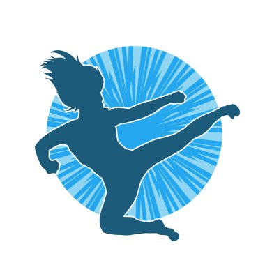 Dövüş sanatları tekmesi atan bir kadının silueti. Sportif bir kadının silueti tekme hareketi yapıyor..