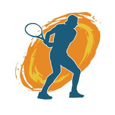 Hareketli bir erkek tenisçinin silueti. Raketle tenis oynayan bir adamın silueti..