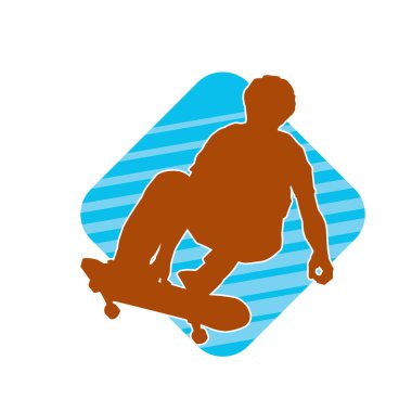 Hareket halindeki bir erkek silueti kaykay üzerinde poz veriyor. Kaykaylı bir şehir çocuğunun silueti..