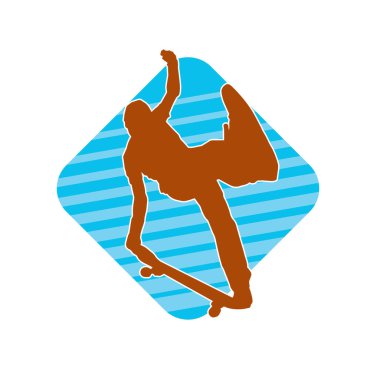 Hareket halindeki bir erkek silueti kaykay üzerinde poz veriyor. Kaykaylı bir şehir çocuğunun silueti..