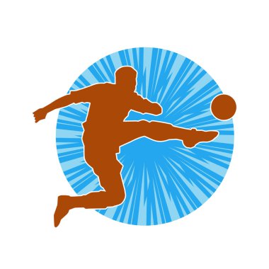 Top tekmeleyen bir erkek futbolcunun silueti. Hareket halindeki bir futbolcunun silueti.