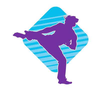 Dövüş sanatları pozu veren bir erkeğin silueti. Dövüş sanatları ustasının silueti tekme atma pozu veriyor..