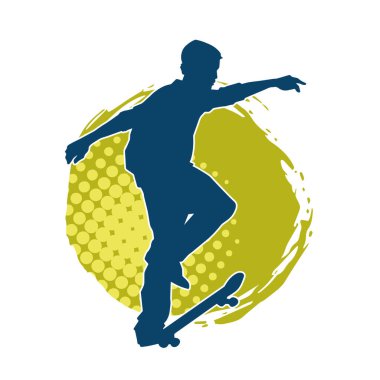 Hareket halindeki bir erkek silueti kaykay üzerinde poz veriyor. Kaykaylı bir şehir çocuğunun silueti..