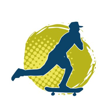 Hareket halindeki bir erkek silueti kaykay üzerinde poz veriyor. Kaykaylı bir şehir çocuğunun silueti..