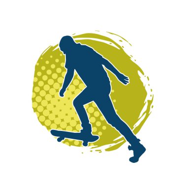 Hareket halindeki bir erkek silueti kaykay üzerinde poz veriyor. Kaykaylı bir şehir çocuğunun silueti..