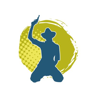 Kovboy kostümü giymiş bir kadın modelin silueti. Silah taşıyan bir kovboy kız silueti..