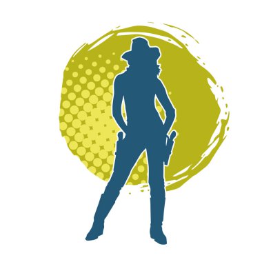 Kovboy kostümü giymiş bir kadın modelin silueti. Silah taşıyan bir kovboy kız silueti..