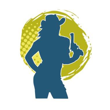 Kovboy kostümü giymiş bir kadın modelin silueti. Silah taşıyan bir kovboy kız silueti..