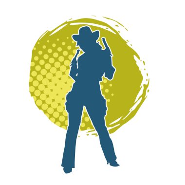 Kovboy kostümü giymiş bir kadın modelin silueti. Silah taşıyan bir kovboy kız silueti..