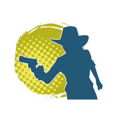 Kovboy kostümü giymiş bir kadın modelin silueti. Silah taşıyan bir kovboy kız silueti..