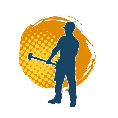 Çalışan bir işçinin silueti balyoz aletini kullanarak hareket halinde poz verir.