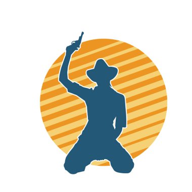 Kovboy kostümü giymiş bir kadın modelin silueti. Silah taşıyan bir kovboy kız silueti..