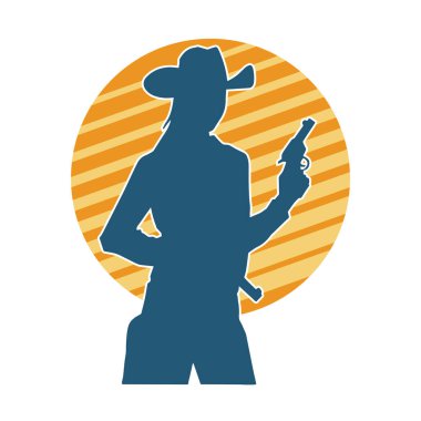 Kovboy kostümü giymiş bir kadın modelin silueti. Silah taşıyan bir kovboy kız silueti..