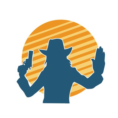 Kovboy kostümü giymiş bir kadın modelin silueti. Silah taşıyan bir kovboy kız silueti..