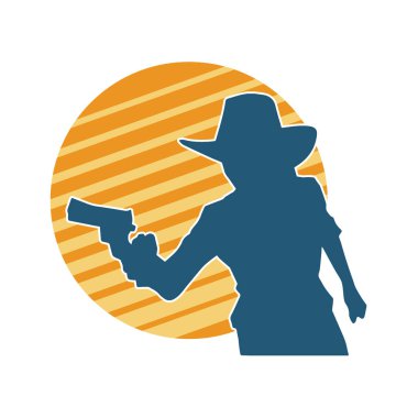 Kovboy kostümü giymiş bir kadın modelin silueti. Silah taşıyan bir kovboy kız silueti..