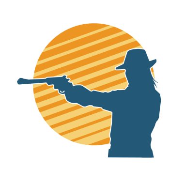 Kovboy kostümü giymiş bir kadın modelin silueti. Silah taşıyan bir kovboy kız silueti..