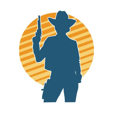 Kovboy kostümü giymiş bir kadın modelin silueti. Silah taşıyan bir kovboy kız silueti..