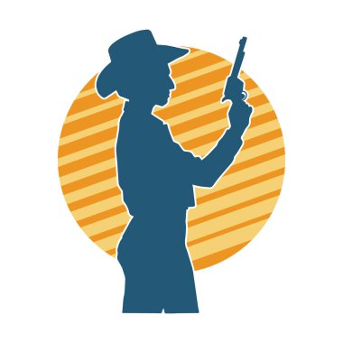 Kovboy kostümü giymiş bir kadın modelin silueti. Silah taşıyan bir kovboy kız silueti..