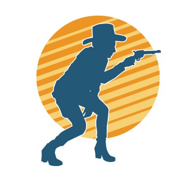 Kovboy kostümü giymiş bir kadın modelin silueti. Silah taşıyan bir kovboy kız silueti..