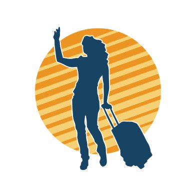 Sıska, modaya uygun bir kadın modelin silueti, yürürken ve el sallarken seyahat valizleri taşıyor.