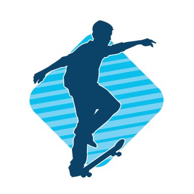 Hareket halindeki bir erkek silueti kaykay üzerinde poz veriyor. Kaykaylı bir şehir çocuğunun silueti..