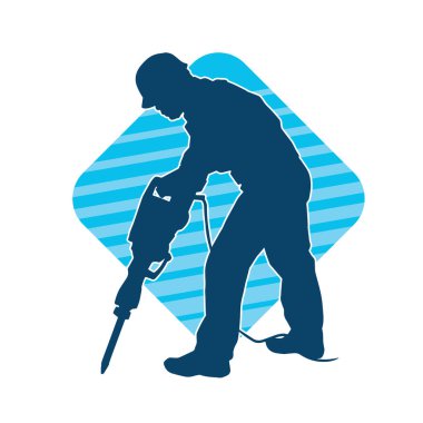 Matkap aletleri taşıyan inşaat işçisi kostümlü bir adamın silueti. İnşaat işçisi erkek silueti elektrikli matkapla hareket halinde poz veriyor. 