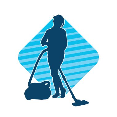 Bir kadının silueti elektrik süpürgesi kullanarak temizlik yapıyor.