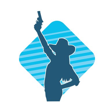 Kovboy kostümü giymiş bir kadın modelin silueti. Silah taşıyan bir kovboy kız silueti..