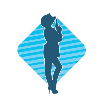 Kovboy kostümü giymiş bir kadın modelin silueti. Silah taşıyan bir kovboy kız silueti..