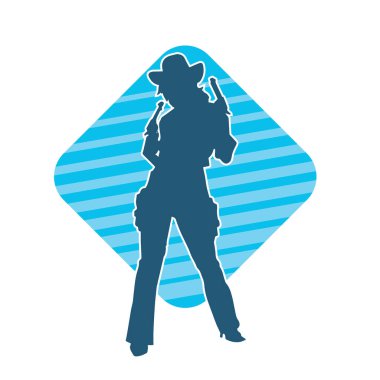 Kovboy kostümü giymiş bir kadın modelin silueti. Silah taşıyan bir kovboy kız silueti..