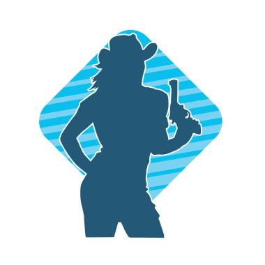 Kovboy kostümü giymiş bir kadın modelin silueti. Silah taşıyan bir kovboy kız silueti..