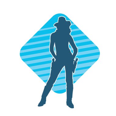 Kovboy kostümü giymiş bir kadın modelin silueti. Silah taşıyan bir kovboy kız silueti..