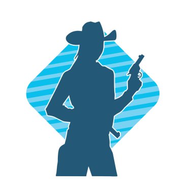 Kovboy kostümü giymiş bir kadın modelin silueti. Silah taşıyan bir kovboy kız silueti..