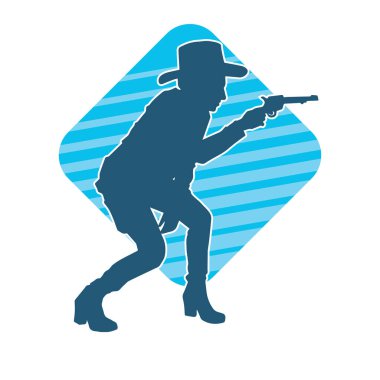 Kovboy kostümü giymiş bir kadın modelin silueti. Silah taşıyan bir kovboy kız silueti..