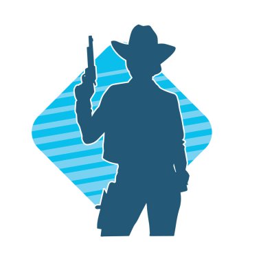 Kovboy kostümü giymiş bir kadın modelin silueti. Silah taşıyan bir kovboy kız silueti..