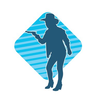 Kovboy kostümü giymiş bir kadın modelin silueti. Silah taşıyan bir kovboy kız silueti..