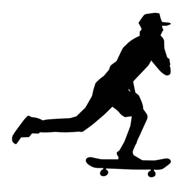 Hareket halindeki bir erkek silueti kaykay üzerinde poz veriyor. Kaykaylı bir şehir çocuğunun silueti..