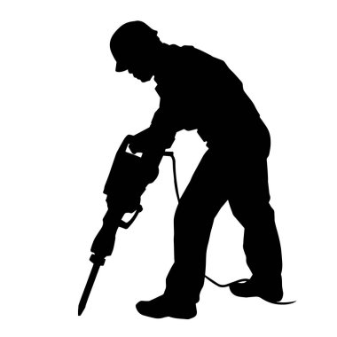 Matkap aletleri taşıyan inşaat işçisi kostümlü bir adamın silueti. İnşaat işçisi erkek silueti elektrikli matkapla hareket halinde poz veriyor. 